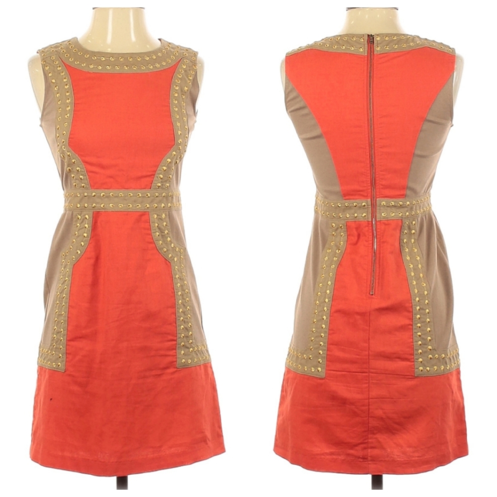 Coral Gold Embroidered Studded Cocktail Party Dress XS